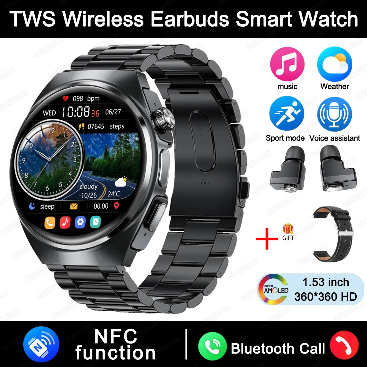 Smart Watch Dual Earbuds Health Monitor