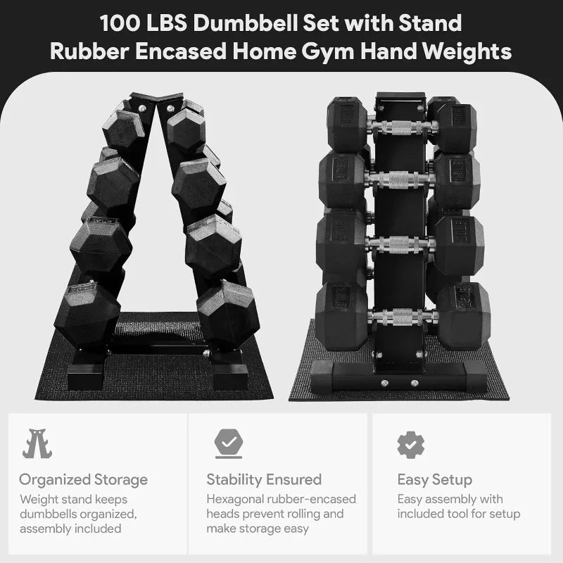 150LB Rubber Coated Hex Dumbbell Weight Set and Storage Rack