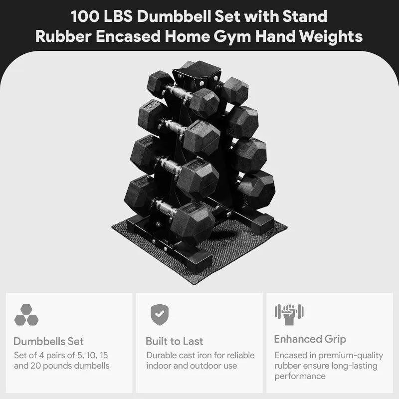 150LB Rubber Coated Hex Dumbbell Weight Set and Storage Rack