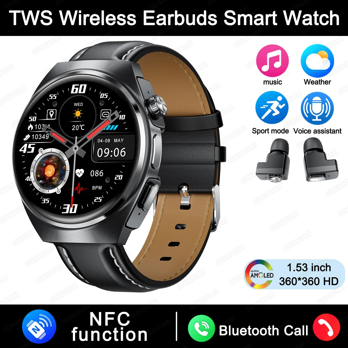 Smart Watch Dual Earbuds Health Monitor