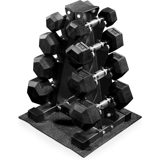 150LB Rubber Coated Hex Dumbbell Weight Set and Storage Rack