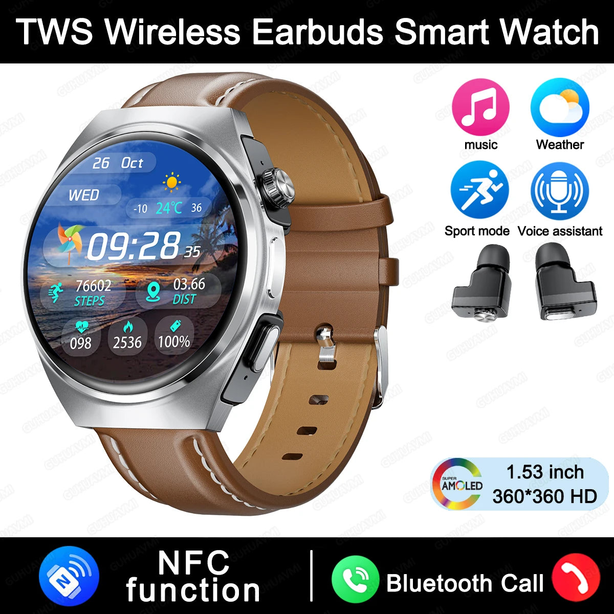 Smart Watch Dual Earbuds Health Monitor