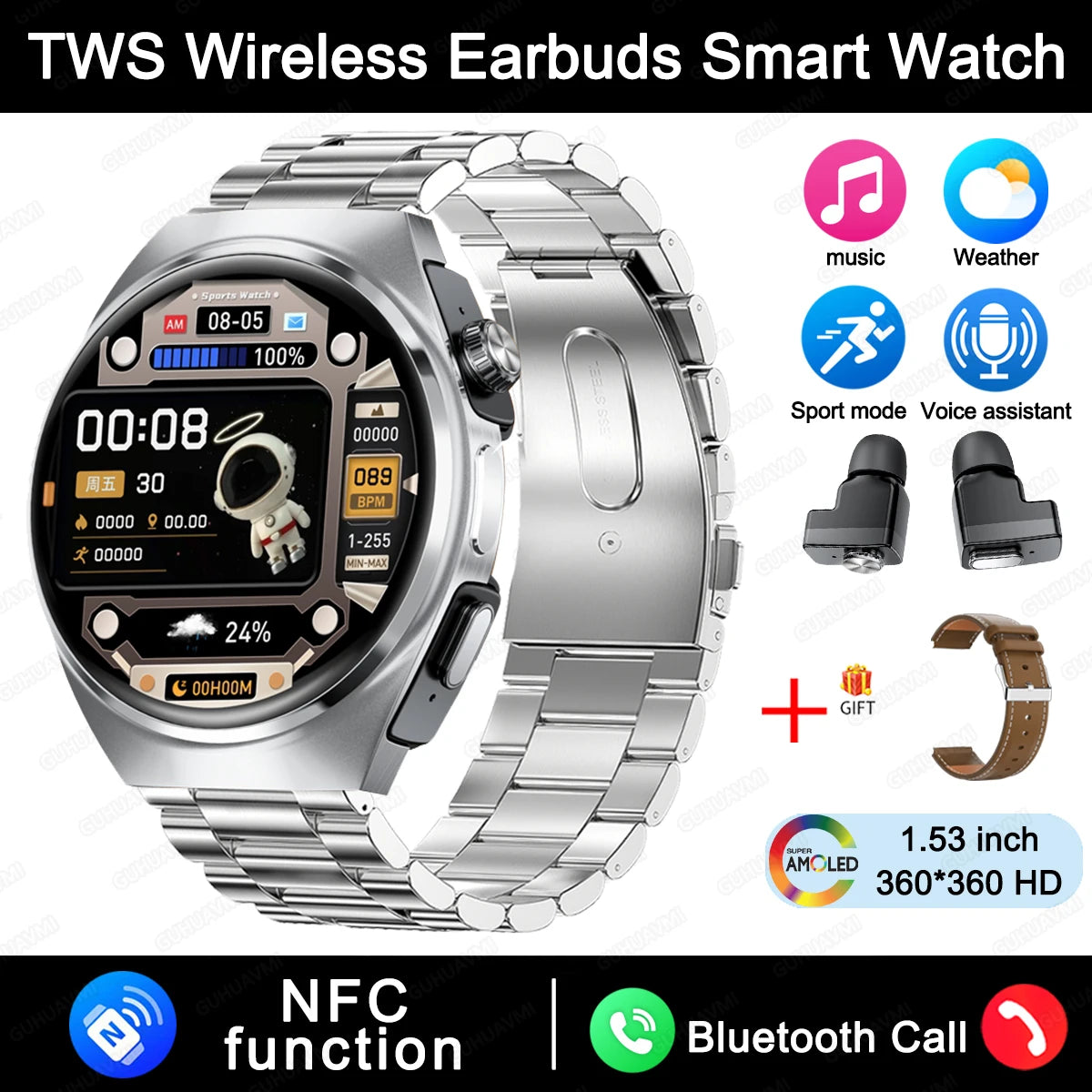 Smart Watch Dual Earbuds Health Monitor