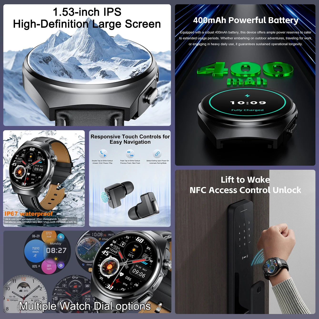 Smart Watch Dual Earbuds Health Monitor